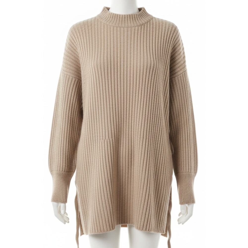 SLY Sweater One Size Tan Brown Ribbed Chunky Knit Mock Neck Waist Tie Preppy